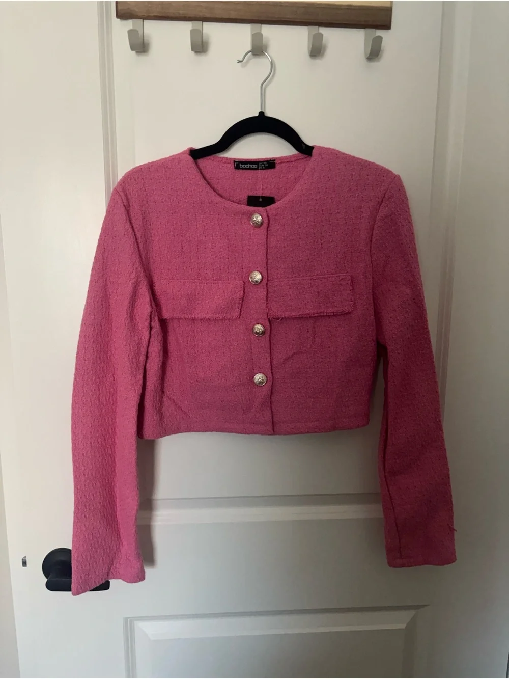 Boohoo Bright Pink Tweed Button Crop Jacket